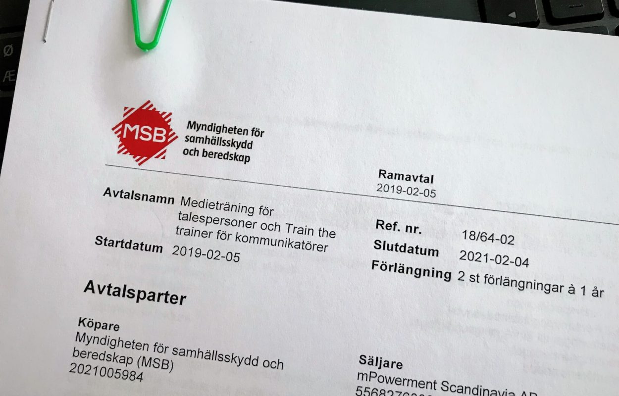 Myndigheten för samhällsskydd och beredskap, MSB, har valt att teckna ramavtal gällande medieträning med mPowerment Scandinavia AB.